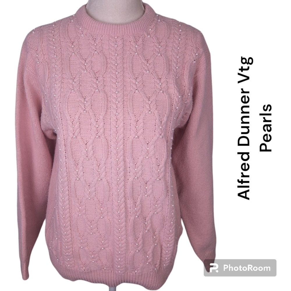 Alfred Dunner Vintage Cabke Knit Sweater Pearl Embellished Pink L VGUC